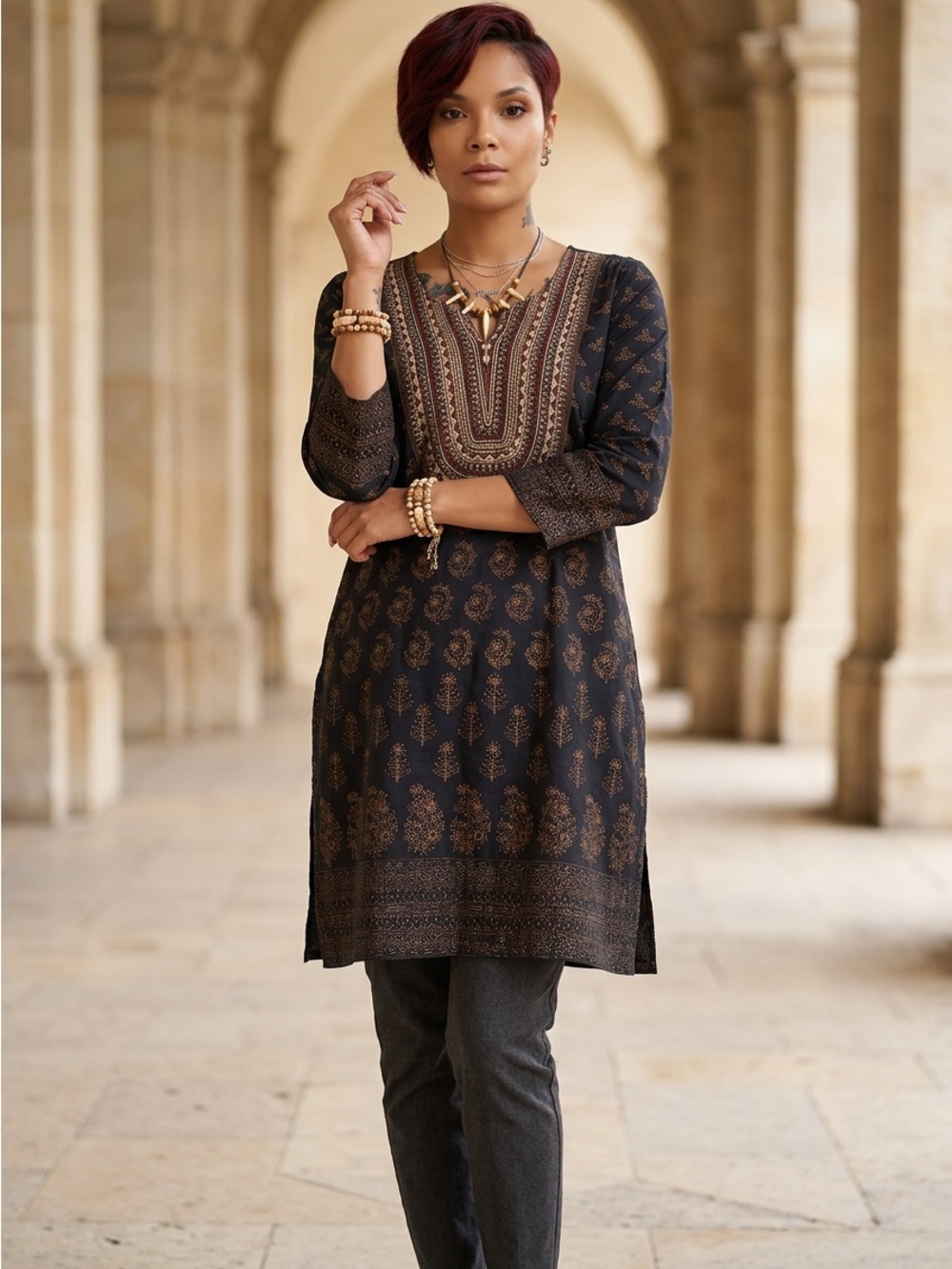 Navy Blue Tunic Top with Gold Paisley Print☑️